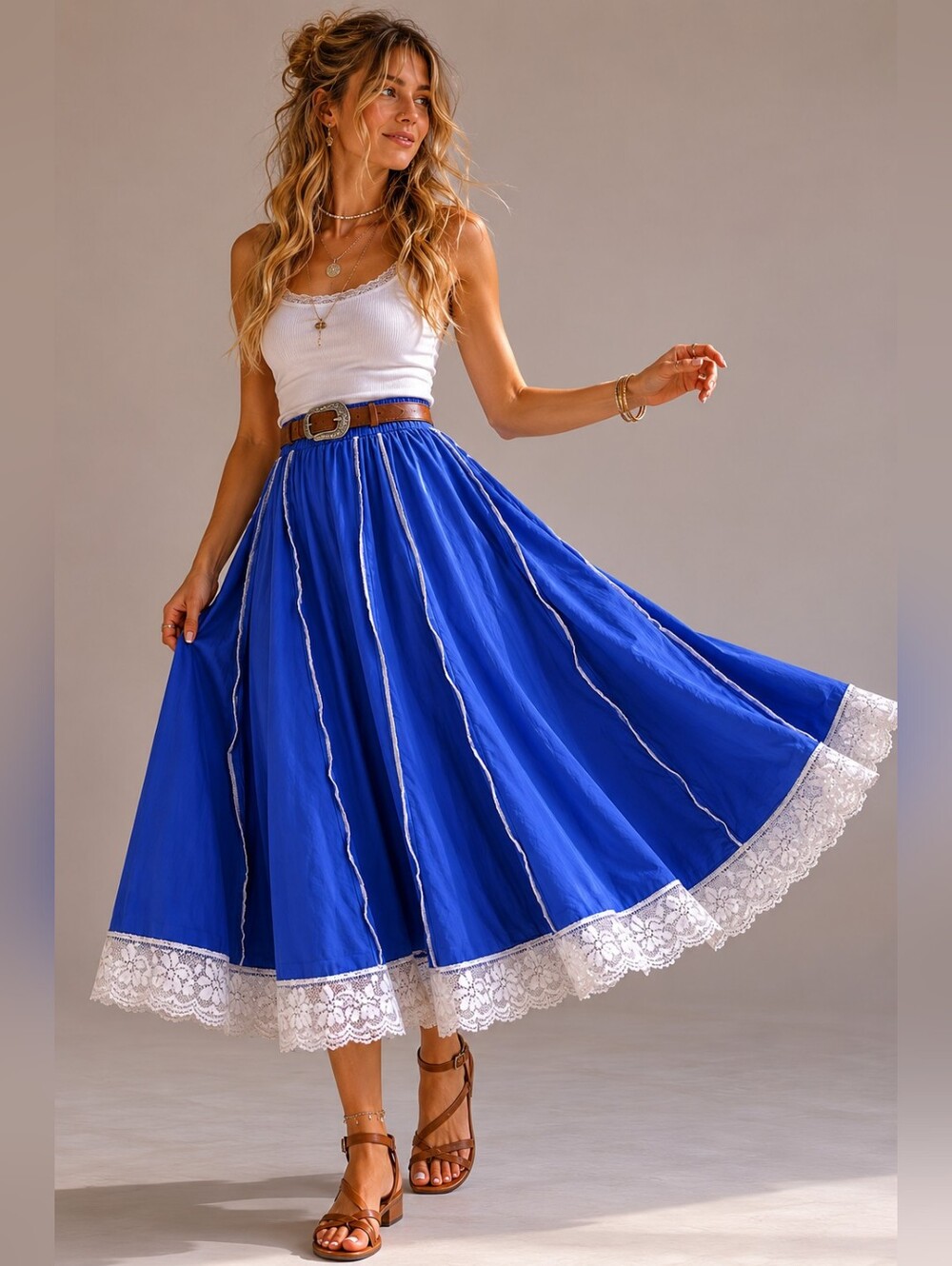 Blue Midi Skirt with Refashioned Vintage Lace Hem | Upcycled Full Circle Skirt